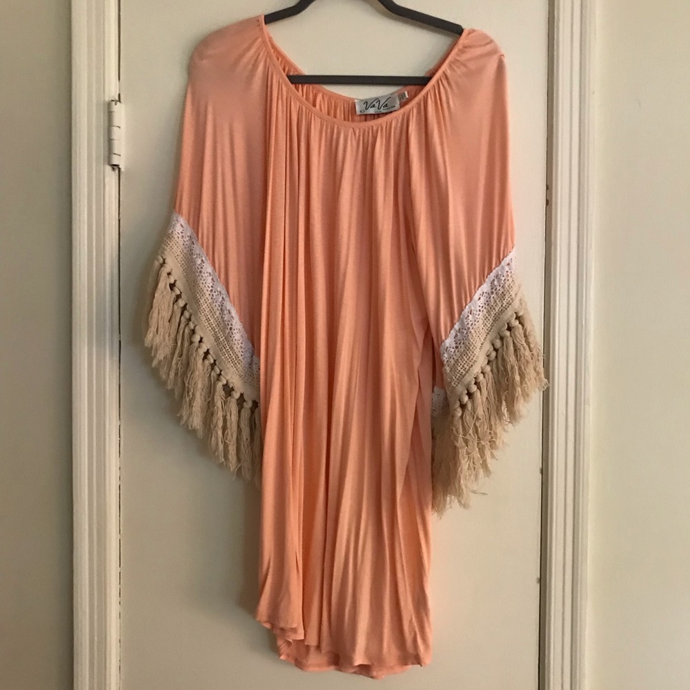 Peach Fitted Dress with tassels on Sleeve